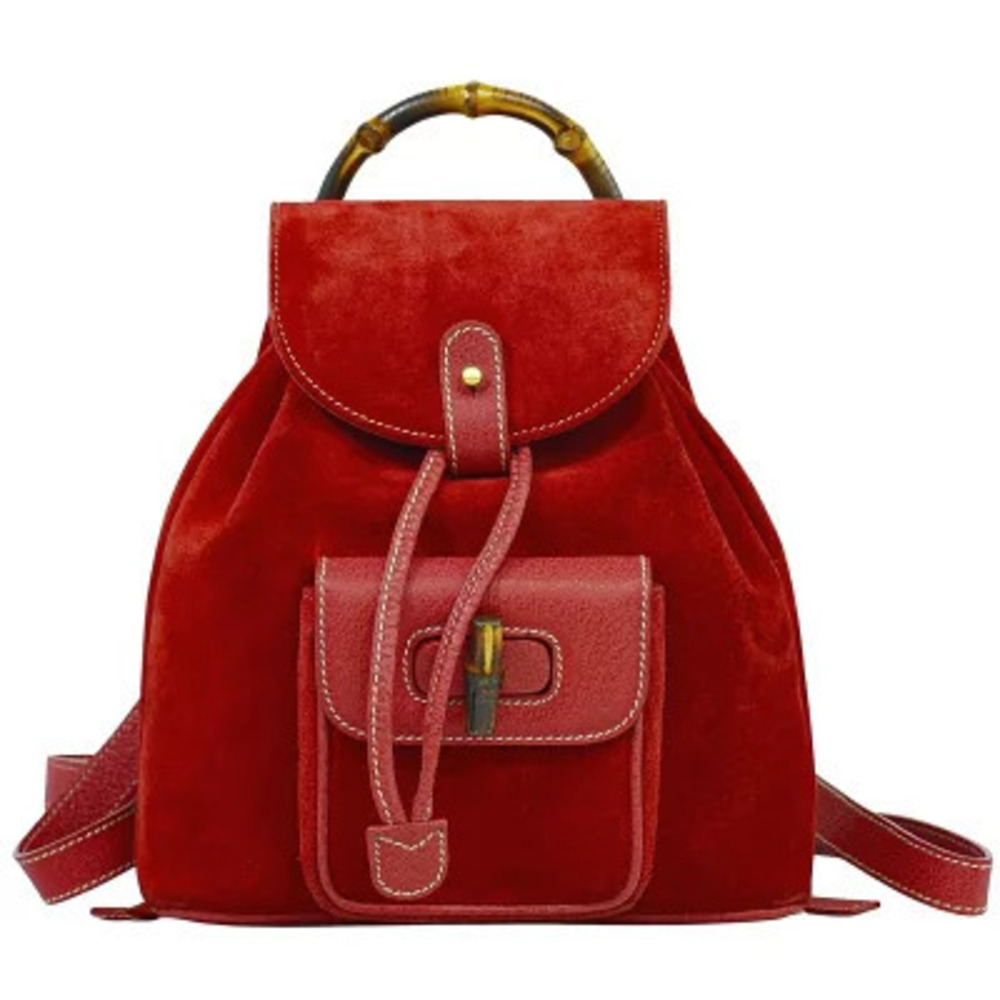 Gucci Bamboo Drawstring Backpack Rucksack Suede Leather Red